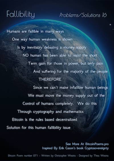 Bitcoin Poem 071 -  Fallibility - Problems and Solutions 16 by Christopher Westra The Bitcoin Effect